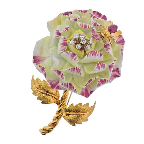 David Webb 18k Gold Diamond Porcelain Ruby Flower Insect Brooch Pin 