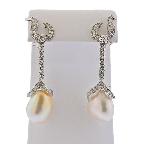 Mid Century 18k Gold Baroque Pearl Diamond Drop Earrings 