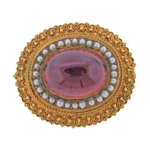 Etruscan Antique 14k Gold Garnet Pearl Brooch Pin 