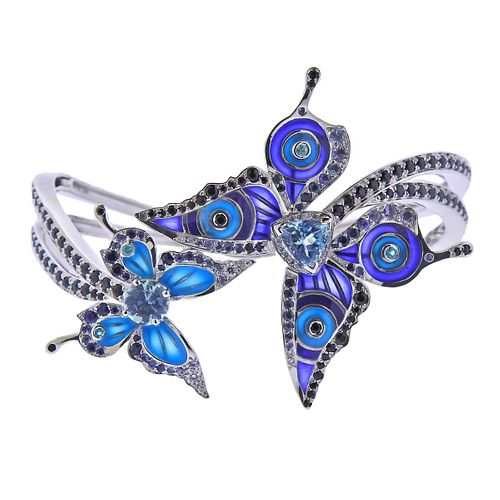 Lalique Psyche de Jour 18k Gold Glass Diamond Sapphire Topaz Butterfly Bracelet 