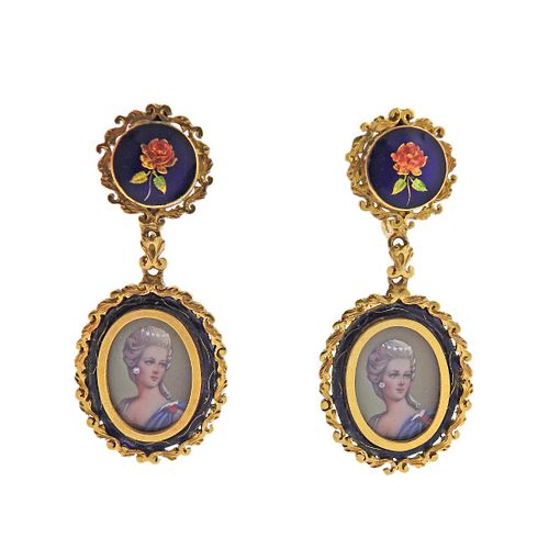 Antique 18k Gold Enamel Miniature Portrait Earrings 