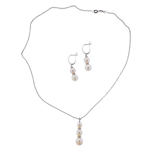 14k Gold Diamond Pearl Drop Earrings Pendant Necklace Set 