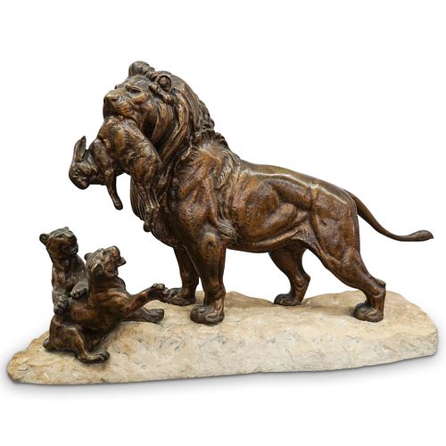 Signed Lion Bronze and Stone Statue