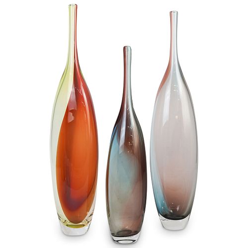 (3 Pc) Kjell Engman Kosta Boda Glass Bottle Vase Set