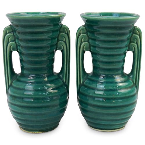 (2 Pc) Art Deco Green Ribbed Ceramic Vases