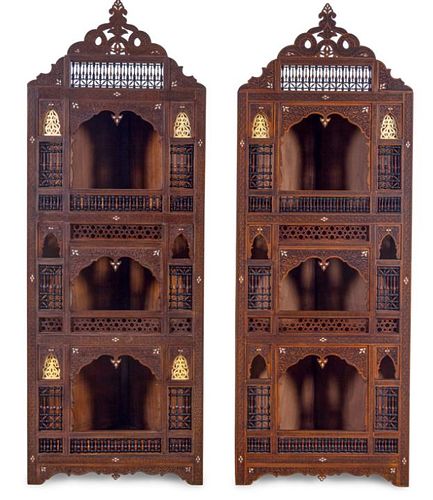 A Pair of Syrian Mother-of-Pearl Inlaid Corner Cabinets