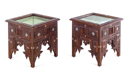 A Pair of Syrian Carved and Inlaid Walnut Low Vitrine Tables