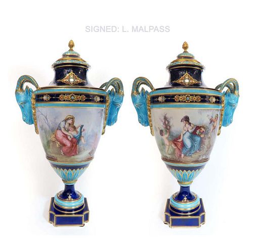 A PAIR OF SEVRES JEWELED PORCELAIN FIGURAL VASES