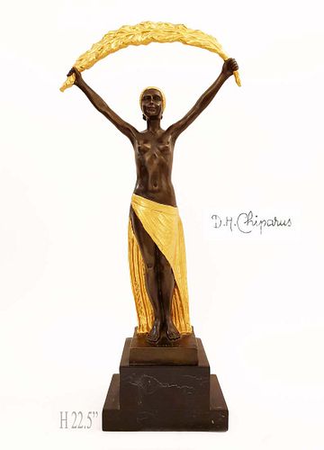 Femme a la Palme, After D.H.Chiparus Bronze Sculpture