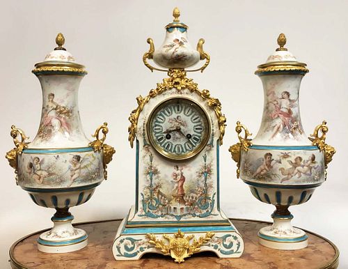 French Bronze & Sevres Hand Painted Porcelain Clock Set