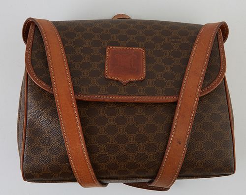 Celine Brown Macadam Coated Canvas Vintage Shoulder Flap Bag, with brown leather trimming, emblem and adjustable leather strap, opening to a light bro