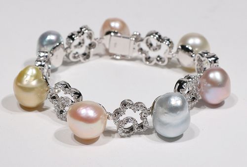Multi-Colored Pearl and Diamond Bracelet