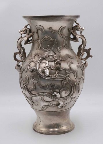 Large Chinese Silvered Bronze Double Handled Vase