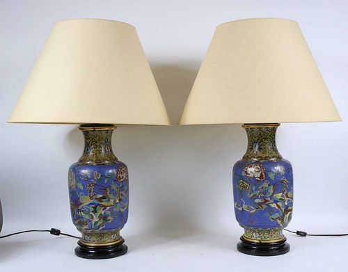 Pair of Chinese Cloisonne Vases, Fitted as Lamps 