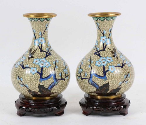 Pair of Chinese Floral-Decorated Cloisonne Vases