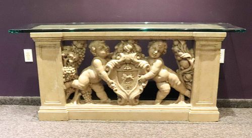 Renaissance Style Carved Marble Glass Top Console