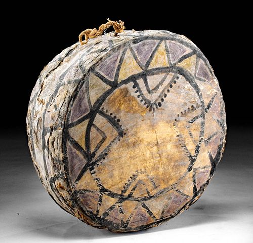 Rare Nazca Polychrome Wood and Hide Tinya Drum
