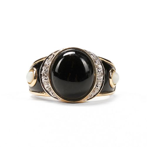 14K Gold Onyx Mother of Pearl Diamond Ring