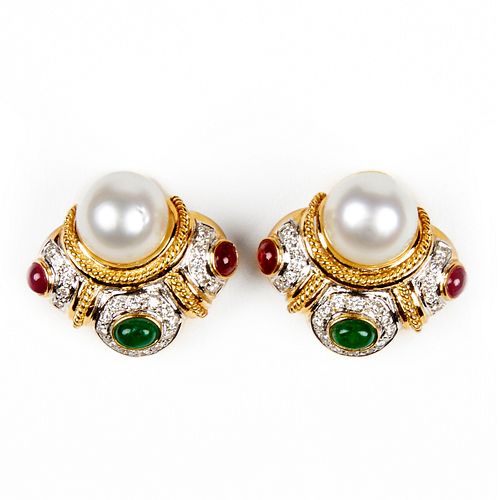 18K Gold Clip Back Earrings - Diamond Pearl Emerald Ruby