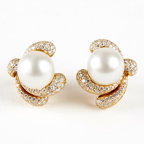 18K Gold Diamond Pearl Clip Back Earrings