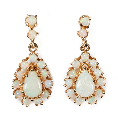 14K Yellow Gold White Opal Dangle Earrings