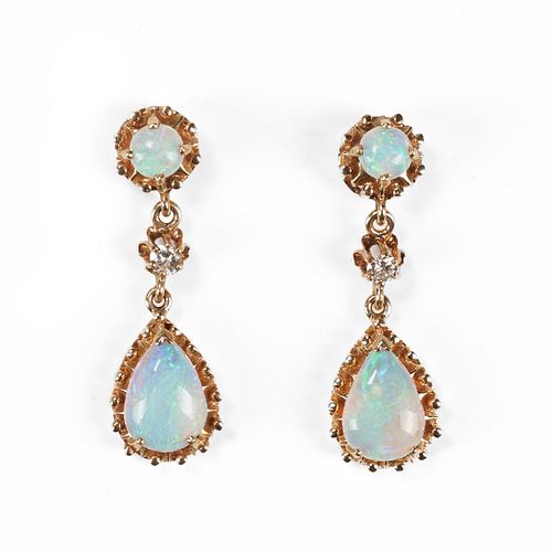 14K White Opal & Diamond Dangle Earrings