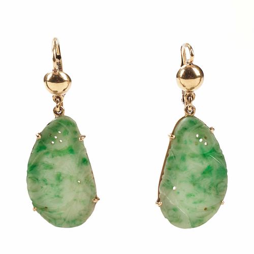 10K Yellow Gold & Carved Chinese Jade Earrings