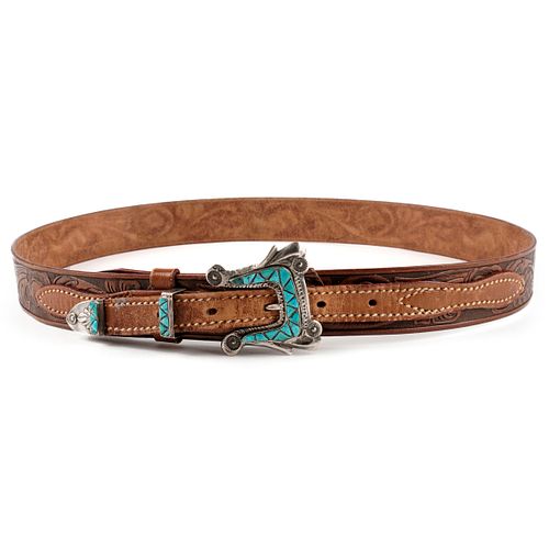 Navajo Sterling Turquoise Buckle & Leather Belt
