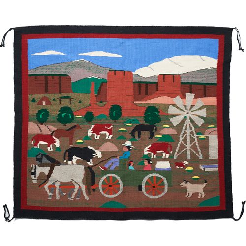 Pictorial Navajo Rug Blanket Weaving Farm Scene