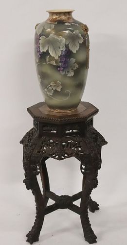 Antique Chinese Carved Stand and Satsuma Vase.