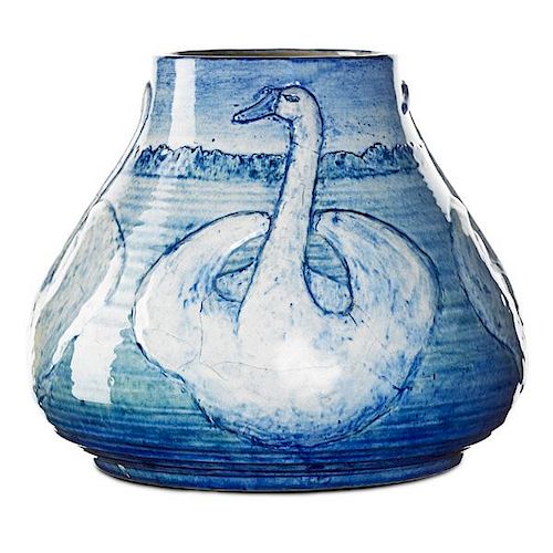 L. NICHOLSON;  NEWCOMB COLLEGE Large vase w/ swans