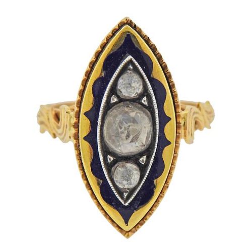 18k Gold Silver Diamond Enamel Ring