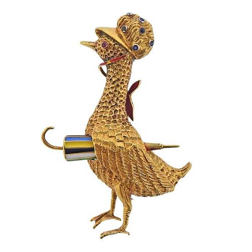 French 1960s 18k Gold Sapphire Ruby Goose Brooch Pin 