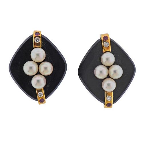 18k Gold Diamond Onyx Ruby Pearl Earrings 