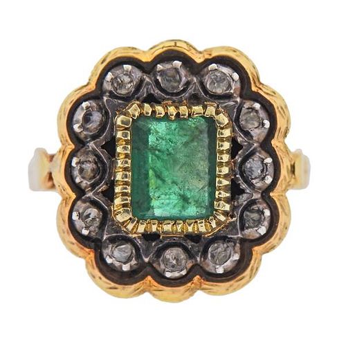 Continental 18k Gold Silver Emerald Diamond Ring 