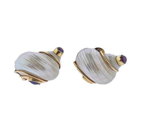Seaman Schepps 14k Gold Turbo Shell Ruby Earrings 
