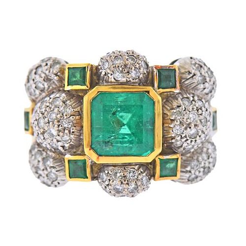 18K Gold Diamond Emerald Wide Band Ring