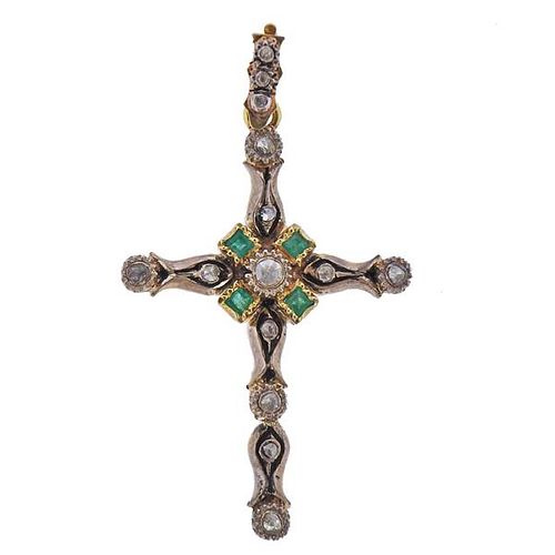 Continental 18k Gold Silver Emerald Diamond Cross Pendant