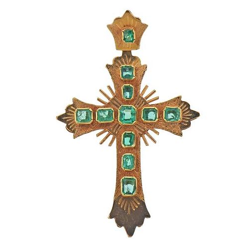 18K Gold Emerald Cross Pendant 