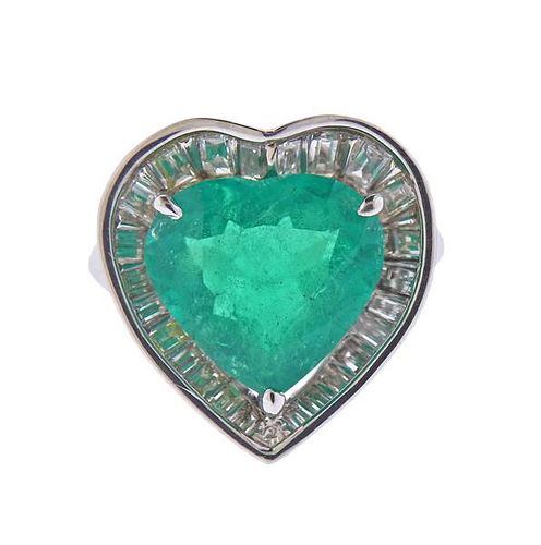 GIA 5.48ct Colombian Emerald Platinum Diamond Heart Ring 