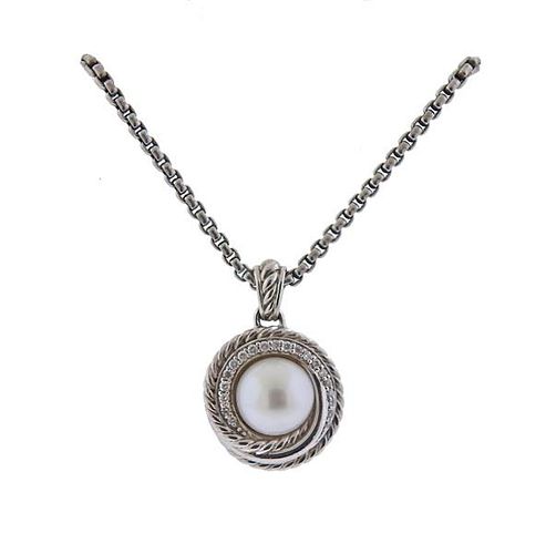 David Yurman Silver Diamond Pearl Pendant Necklace 