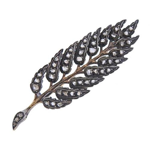 18K Gold Silver Rose Cut Diamond Leaf Brooch Pin