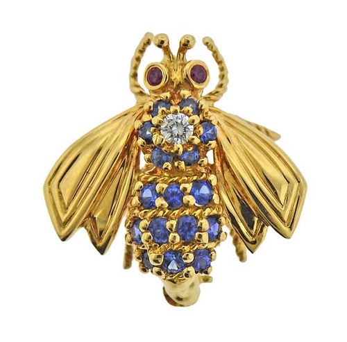 Tiffany &amp; Co 18K Gold Diamond Ruby Sapphire Bee Brooch Pin