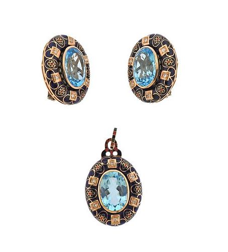 12k Rose Gold Enamel Blue Topaz Diamond Earrings Pendant Set