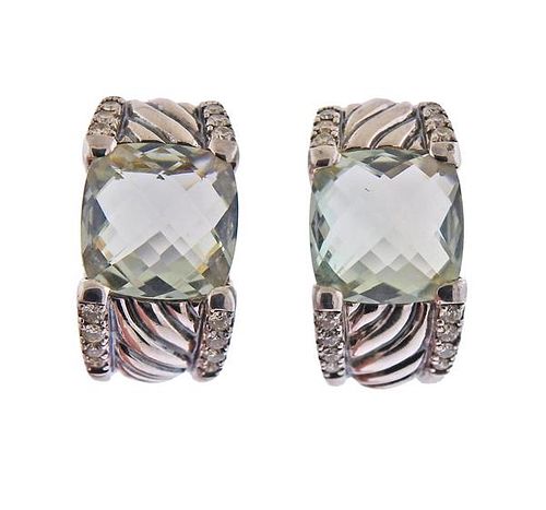 David Yurman Silver Diamond Prasiolite Cable Earrings