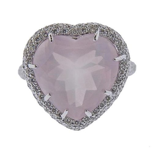 18K Gold Diamond Heart Rose Quartz Ring