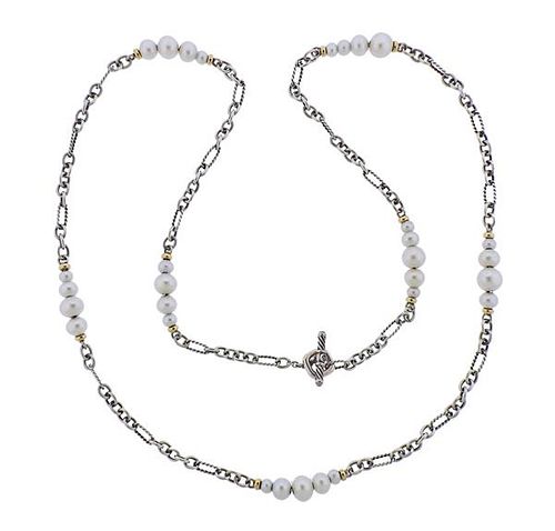 David Yurman Silver 18K Gold Pearl Toggle Necklace