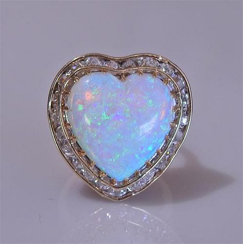 14K Gold Diamond Heart Opal Ring