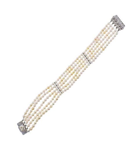 18k Gold Diamond Pearl Multi Strand Bracelet 