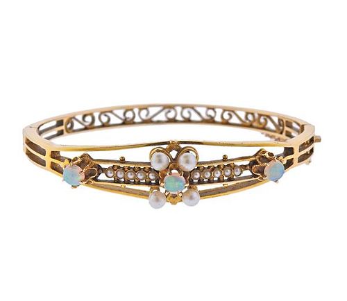 Antique 14k Gold Pearl Opal Bangle Bracelet 